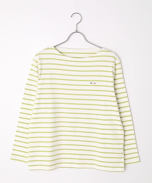 Mademoiselle NON NON / マドモアゼルノンノン Tシャツ | 天竺ボーダー ボートネックTシャツ（シロ×ライムグリーン）