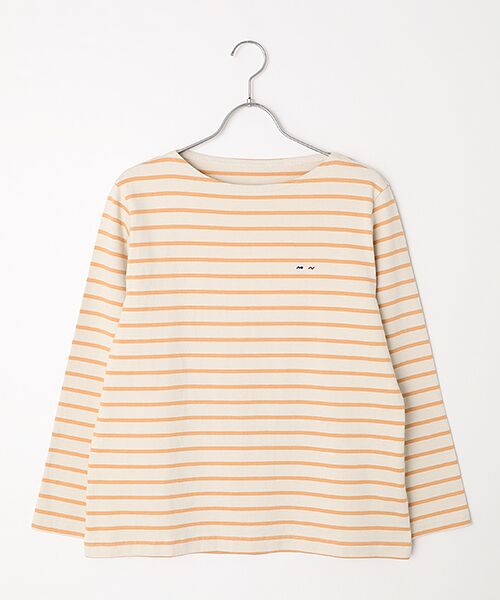 Mademoiselle NON NON / マドモアゼルノンノン Tシャツ | 天竺ボーダー ボートネックTシャツ（ベージュ×アプリコット）