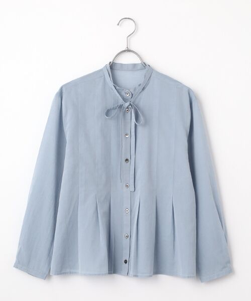 Mademoiselle NON NON / マドモアゼルノンノン シャツ・ブラウス | 交織シフォン バンドカラーリボン付きブラウス（サックス）