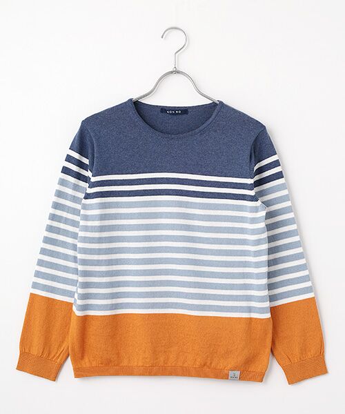 Mademoiselle NON NON / マドモアゼルノンノン ニット・セーター | オーガニックコットン12G パネルボーダーニット（サックスベース×オフボーダー）