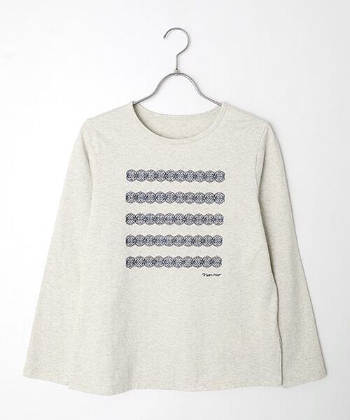 Mademoiselle NON NON / マドモアゼルノンノン Tシャツ | オーガニック天竺 レースボーダー刺繍Tシャツ（ＴＯＰライトグレー）