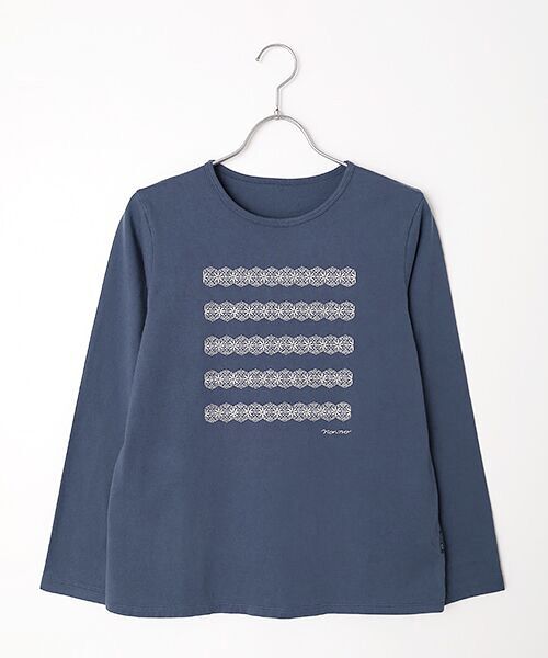 Mademoiselle NON NON / マドモアゼルノンノン Tシャツ | オーガニック天竺 レースボーダー刺繍Tシャツ（ライトネイビー）