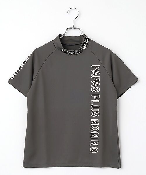 Mademoiselle NON NON / マドモアゼルノンノン カットソー | レディースGOLF エステルエコメッシュ ロゴ入りモックネックTシャツ（チャコールグレー）