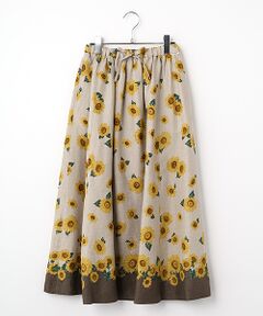 Mademoiselle NON NON / マドモアゼルノンノン ロング・マキシ丈スカート | リネンプリント SUNFLOWER柄ギャザーフレアースカート