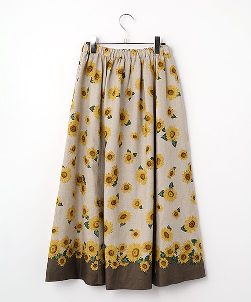 Mademoiselle NON NON / マドモアゼルノンノン ロング・マキシ丈スカート | リネンプリント SUNFLOWER柄ギャザーフレアースカート | 詳細1