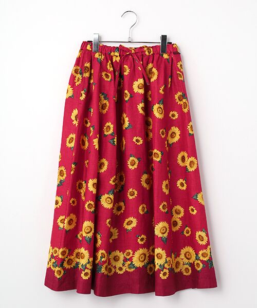 Mademoiselle NON NON / マドモアゼルノンノン ロング・マキシ丈スカート | リネンプリント SUNFLOWER柄ギャザーフレアースカート（アカ）