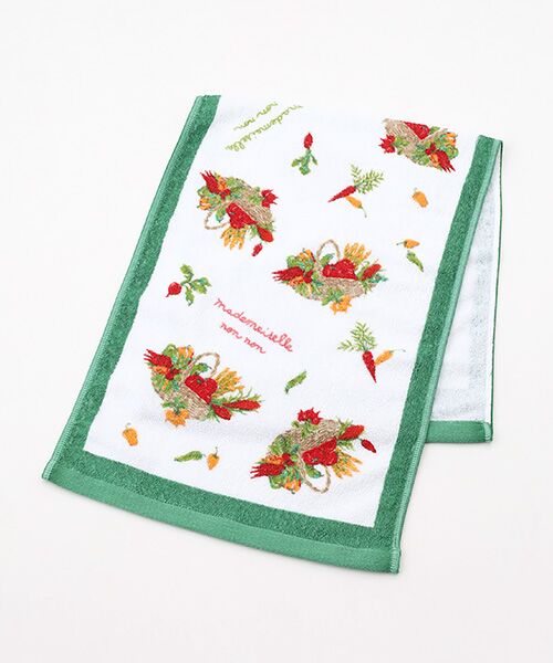 Mademoiselle NON NON / マドモアゼルノンノン タオル | ベジタブルバスケットプリント フェイスタオル（グリーン系）