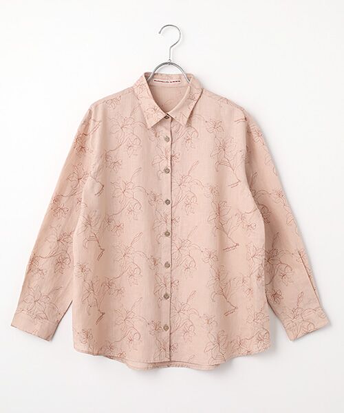 Mademoiselle NON NON / マドモアゼルノンノン シャツ・ブラウス | フレンチリネン リリー刺繍シャツ（ダスティピンク）