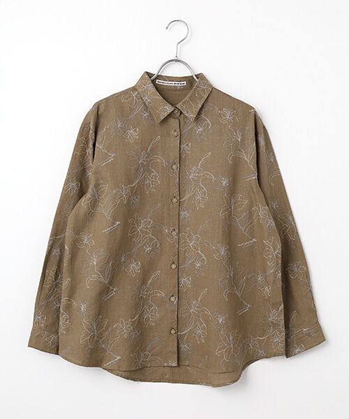 Mademoiselle NON NON / マドモアゼルノンノン シャツ・ブラウス | フレンチリネン リリー刺繍シャツ（ブラウン）