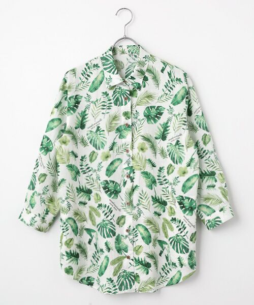 Mademoiselle NON NON / マドモアゼルノンノン シャツ・ブラウス | リーフプリント チュニックシャツ[8分袖]（シロ）