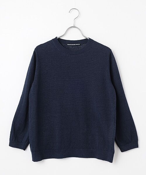 Mademoiselle NON NON / マドモアゼルノンノン ニット・セーター | ユーロリネンウオッシャブル天竺10G クルーネックニット[8分袖]（ネイビー）