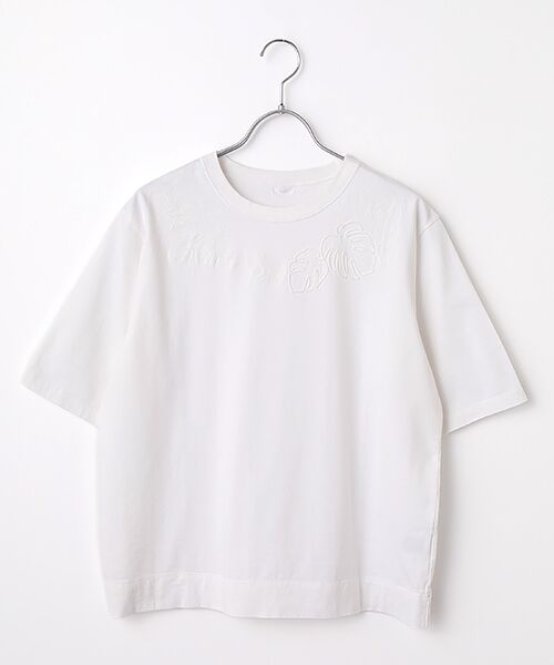 Mademoiselle NON NON / マドモアゼルノンノン Tシャツ | タリイ天竺 モンステラ刺繍Tシャツ（シロ）