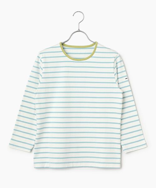 Mademoiselle NON NON / マドモアゼルノンノン Tシャツ | 度詰天竺 ボーダーTシャツ[8分袖]（シロ×ライトブルー）