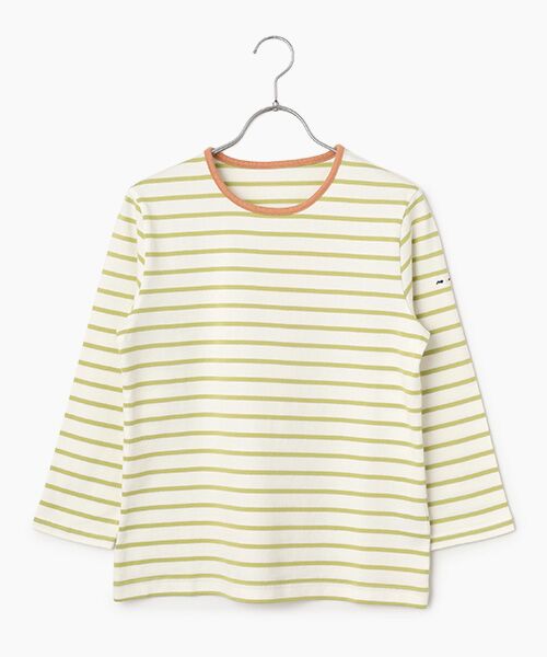 Mademoiselle NON NON / マドモアゼルノンノン Tシャツ | 度詰天竺 ボーダーTシャツ[8分袖]（シロ×ライムグリーン）