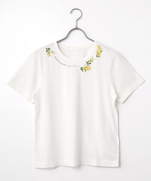 Mademoiselle NON NON / マドモアゼルノンノン Tシャツ | エアーコットン天竺 ミモザモチーフプリントTシャツ（シロ）