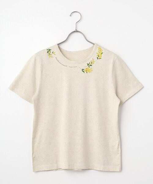 Mademoiselle NON NON / マドモアゼルノンノン Tシャツ | エアーコットン天竺 ミモザモチーフプリントTシャツ（TOPオートミール）