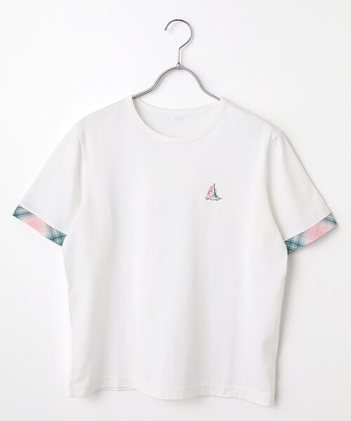 Mademoiselle NON NON / マドモアゼルノンノン Tシャツ | ガス焼き天竺 袖口チェック切替Tシャツ（オフシロ）