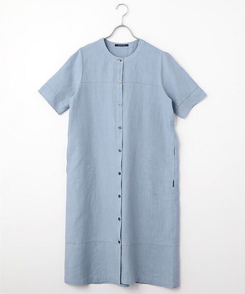 Mademoiselle NON NON / マドモアゼルノンノン ロング・マキシ丈ワンピース | リネンポプリン アイレット入りノーカラーワンピース（サックス）