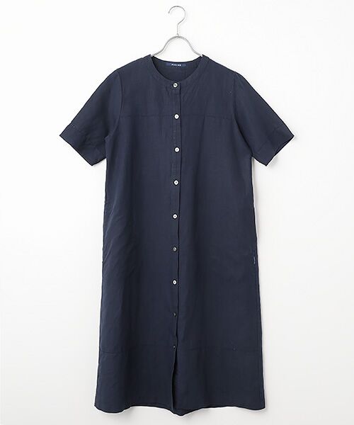 Mademoiselle NON NON / マドモアゼルノンノン ロング・マキシ丈ワンピース | リネンポプリン アイレット入りノーカラーワンピース（ネイビー）