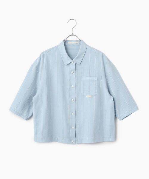 Mademoiselle NON NON / マドモアゼルノンノン シャツ・ブラウス | 綿麻レノクロスストライプ クロップドオーバーシャツ（サックス）