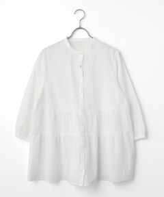 Mademoiselle NON NON / マドモアゼルノンノン シャツ・ブラウス | 綿麻レノクロスストライプ バンドカラーティアードチュニック