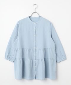 Mademoiselle NON NON / マドモアゼルノンノン シャツ・ブラウス | 綿麻レノクロスストライプ バンドカラーティアードチュニック