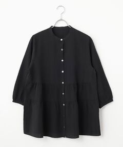 Mademoiselle NON NON / マドモアゼルノンノン シャツ・ブラウス | 綿麻レノクロスストライプ バンドカラーティアードチュニック