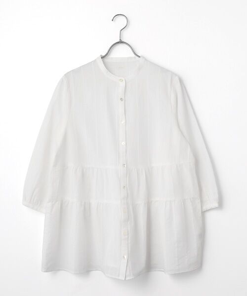 Mademoiselle NON NON / マドモアゼルノンノン シャツ・ブラウス | 綿麻レノクロスストライプ バンドカラーティアードチュニック（オフ）