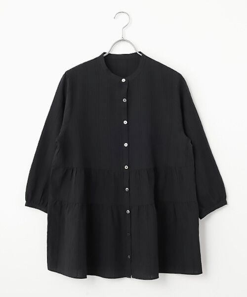 Mademoiselle NON NON / マドモアゼルノンノン シャツ・ブラウス | 綿麻レノクロスストライプ バンドカラーティアードチュニック（ブラック）