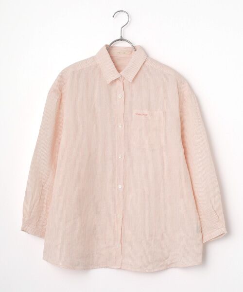 Mademoiselle NON NON / マドモアゼルノンノン シャツ・ブラウス | ノルマンディリネンムジ&ストライプ オーバーサイズシャツ[9分袖]（ピンクストライプ）