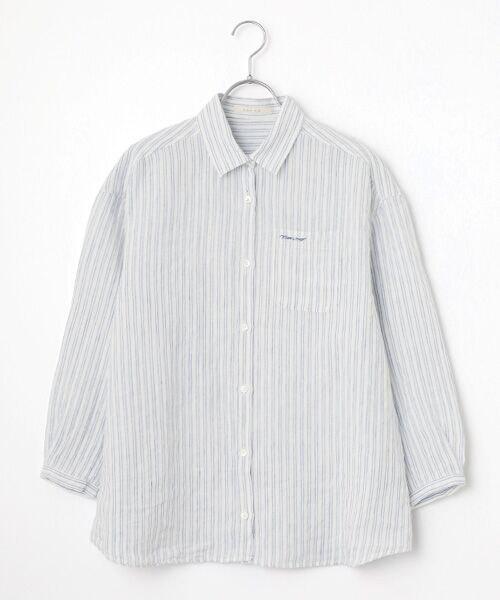 Mademoiselle NON NON / マドモアゼルノンノン シャツ・ブラウス | ノルマンディリネンムジ&ストライプ オーバーサイズシャツ[9分袖]（サックスストライプ）