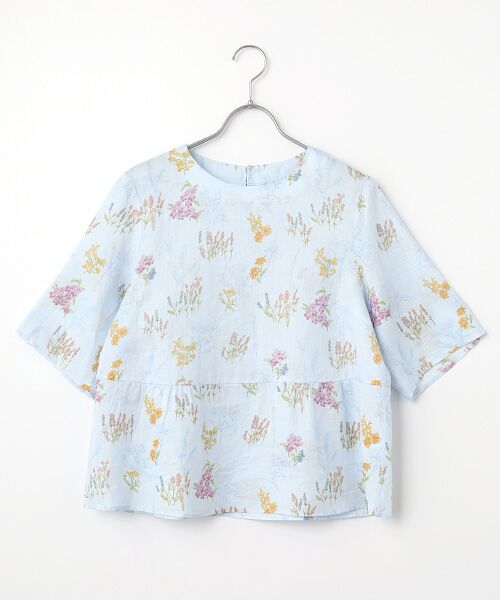 Mademoiselle NON NON / マドモアゼルノンノン シャツ・ブラウス | スパニッシュブルームプリント オーバーブラウス[5分袖]（サックス）