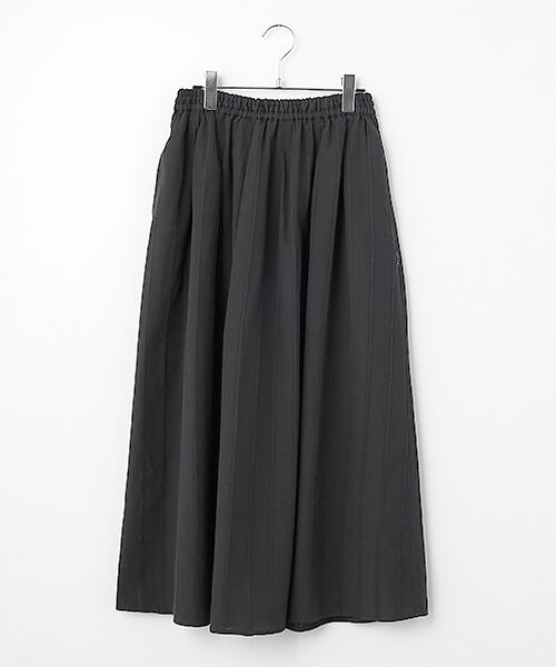 Mademoiselle NON NON / マドモアゼルノンノン ロング・マキシ丈スカート | 綿麻レノクロスストライプ タック＆ギャザースカート（ブラック）