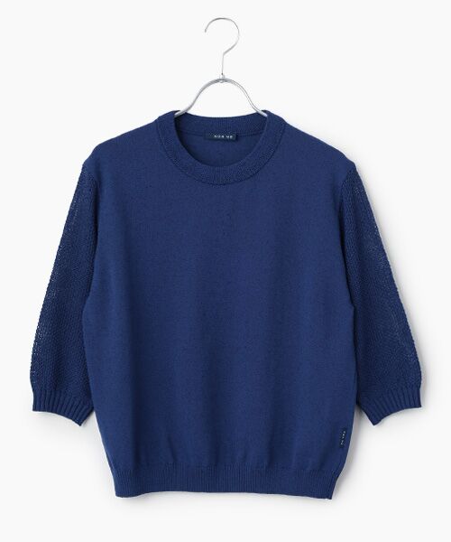 Mademoiselle NON NON / マドモアゼルノンノン ニット・セーター | 綿麻ミックスウオッシャブル 透かし柄スリーブニットプルオーバー（ロイヤルブルー）
