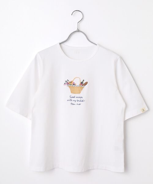 Mademoiselle NON NON / マドモアゼルノンノン Tシャツ | シャンカー6オーガニック天竺 バスケットモチーフ刺繍入りTシャツ（オフシロ）