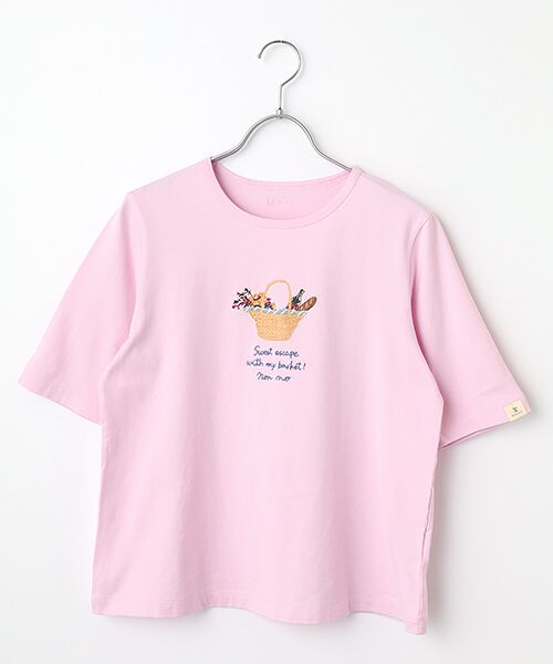 Mademoiselle NON NON / マドモアゼルノンノン Tシャツ | シャンカー6オーガニック天竺 バスケットモチーフ刺繍入りTシャツ（ピンク）