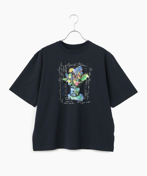 Mademoiselle NON NON / マドモアゼルノンノン Tシャツ | サイロプレミアム天竺 スパニッシュブルームプリントTシャツ（ネイビー）