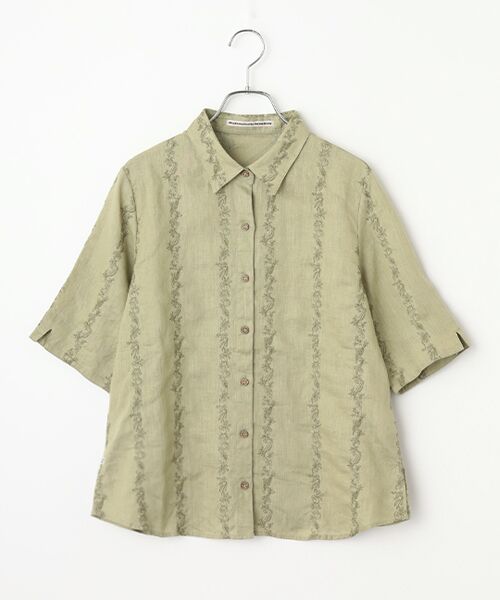Mademoiselle NON NON / マドモアゼルノンノン シャツ・ブラウス | リネン刺繍 ベジタブルストライプ柄半袖シャツ（カーキオリーブ）