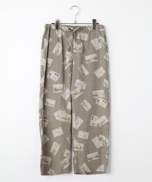 Mademoiselle NON NON / マドモアゼルノンノン ショート・ハーフ・半端丈パンツ | リネンプリント ポストカード柄8分丈パンツ（グレージュ）