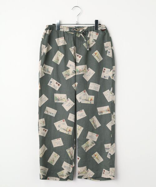 Mademoiselle NON NON / マドモアゼルノンノン ショート・ハーフ・半端丈パンツ | リネンプリント ポストカード柄8分丈パンツ（カーキ）