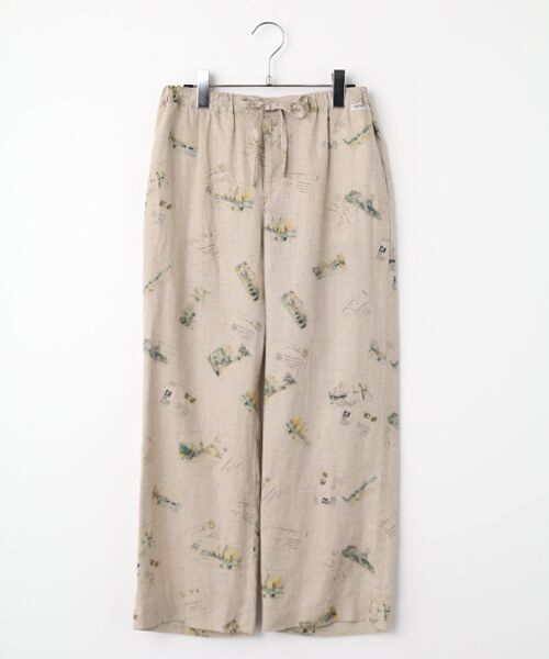 Mademoiselle NON NON / マドモアゼルノンノン ショート・ハーフ・半端丈パンツ | リネンプリント ポストカード柄8分丈パンツ（キナリ）