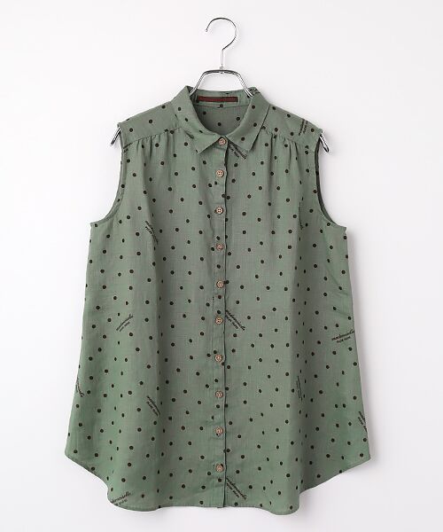 Mademoiselle NON NON / マドモアゼルノンノン シャツ・ブラウス | リネンプリント ドット＆ロゴ柄ノースリーブチュニックシャツ（カーキ）