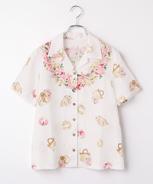 Mademoiselle NON NON / マドモアゼルノンノン シャツ・ブラウス | リネンプリント FLOWER LAI柄 オープンカラーシャツ（シロ）