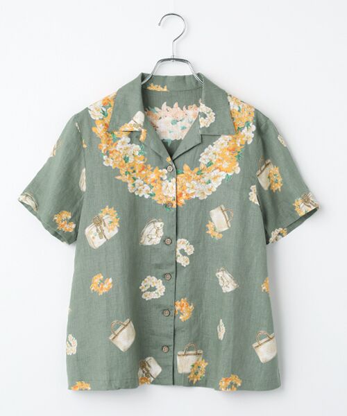 Mademoiselle NON NON / マドモアゼルノンノン シャツ・ブラウス | リネンプリント FLOWER LAI柄 オープンカラーシャツ（カーキ）