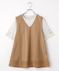 Mademoiselle NON NON / マドモアゼルノンノン その他トップス | 【アンサンブルアイテム】ピクセルラインレースフレアーベスト＆天竺刺繍Tシャツ