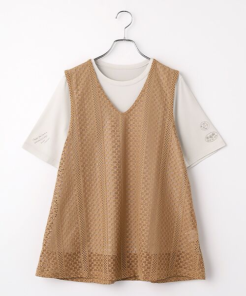 Mademoiselle NON NON / マドモアゼルノンノン その他トップス | 【アンサンブルアイテム】ピクセルラインレースフレアーベスト＆天竺刺繍Tシャツ（キャメル）
