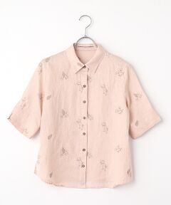 Mademoiselle NON NON / マドモアゼルノンノン シャツ・ブラウス | リネンキャンバス ハイビスカス&パイナップル刺繍ブラウス[5分袖]