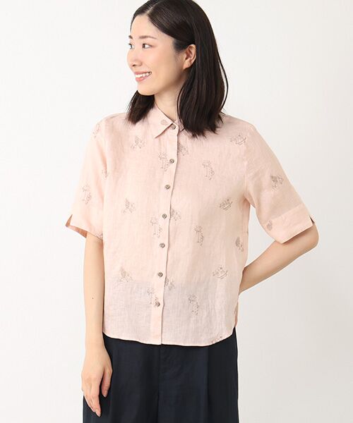 Mademoiselle NON NON / マドモアゼルノンノン シャツ・ブラウス | リネンキャンバス ハイビスカス&パイナップル刺繍ブラウス[5分袖] | 詳細5