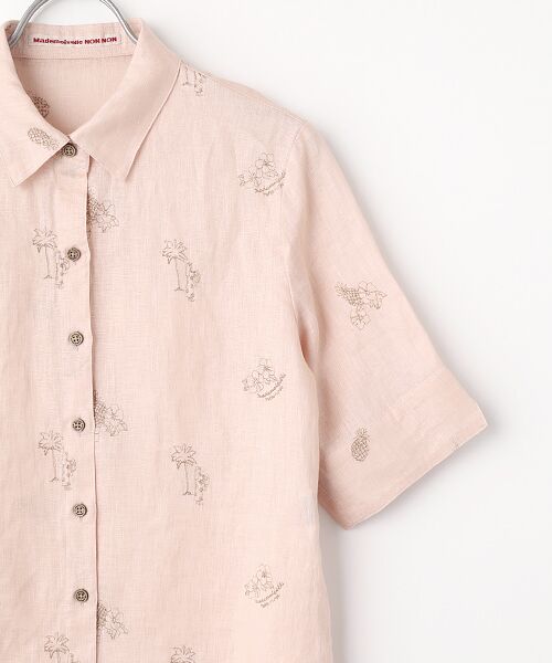 Mademoiselle NON NON / マドモアゼルノンノン シャツ・ブラウス | リネンキャンバス ハイビスカス&パイナップル刺繍ブラウス[5分袖] | 詳細2