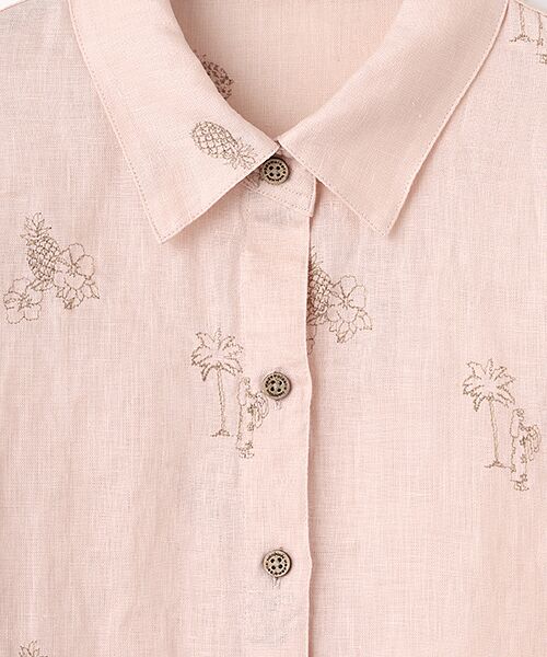 Mademoiselle NON NON / マドモアゼルノンノン シャツ・ブラウス | リネンキャンバス ハイビスカス&パイナップル刺繍ブラウス[5分袖] | 詳細4